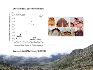 Predicted Mean Annual Air Temperature (°C)
                                             Chironomids as paleothermometers




                                                                     r² = 0.97
                                                                     RMSEP = 1.62°C


                                               Observed Mean Annual Air Temperature (°C)



                                             Eggermont et al. 2010 J Paleolim 43: 413-435
 