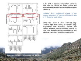 Is the shift in species composition similar in
                                                    each lake (i.e. always the same species that
                                                    increase or decrease in abundance towards the
                                                    present?)

                                                    Historical (core top/bottom) change in the
                                                    percent abundance of common chironomid taxa
                                                    in 16 Rwenzori study lakes


                                                    Some taxa show a clear decrease (e.g.
                                                    Diamesa type East Africa) or increase (e.g.
                                                    Polypedilum type Bandasa) towards the
                                                    present. However, trends are more variable for
                                                    other taxa, without any obvious relationship with
                                                    lake type, catchment vegetation or elevation.




Eggermont et al. 2010. Hydrobiologia 648: 123-142
 