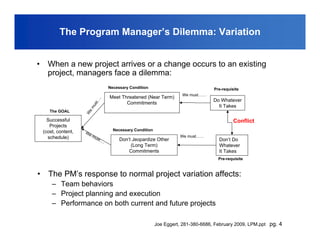The Program Manager’s Dilemma: Variation


•     When a new project arrives or a change occurs to an existing
      project, managers face a dilemma:
                                     Necessary Condition                              Pre-requisite
                                                                        We must……
                            .        Meet Threatened (Near Term)
                                                                                     Do Whatever
                           t…
                                            Commitments
                         us


                                                                                       It Takes
                       em




       The GOAL
                      W




      Successful                                                                                Conflict
       Projects
    (cost, content,                    Necessary Condition
                      We
      schedule)          mu                                            We must……
                           st…            Don’t Jeopardize Other                        Don’t Do
                                 .
                                               (Long Term)                              Whatever
                                              Commitments                               It Takes
                                                                                        Pre-requisite



•     The PM’s response to normal project variation affects:
        – Team behaviors
        – Project planning and execution
        – Performance on both current and future projects

                                                             Joe Eggert, 281-380-6686, February 2009, LPM.ppt pg. 4
 