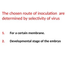 The chosen route of inoculation are
determined by selectivity of virus
1. For a certain membrane.
2. Developmental stage of the embryo
 