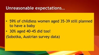 Unreasonable expectations…
• 59% of childless women aged 35-39 still planned
to have a baby
• 30% aged 40-45 did too!
(Sobotka, Austrian survey data)
 