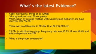What’s the latest Evidence?
• Cobo, Kuwayama, Perez et al (2008)
• 30 oocyte donors and 30 recipients
• Vitrification by cryotop method with warming and ICSI after one hour
(survival rate 96.7%)
• There was no difference in FR (76.3% vs 82.2%),BFR etc
• 23 ETs in vitrification group. Pregnancy rate was 65.2%, IR was 40.8% and
miscarriage rate was 20%
• What is the proper comparator?
 