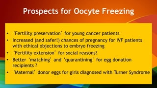 Prospects for Oocyte Freezing
• ‘Fertility preservation’ for young cancer patients
• Increased (and safer!) chances of pregnancy for IVF patients
with ethical objections to embryo freezing
• ‘Fertility extension’ for social reasons?
• Better ‘matching’ and ‘quarantining’ for egg donation
recipients ?
• ‘Maternal’ donor eggs for girls diagnosed with Turner Syndrome
 