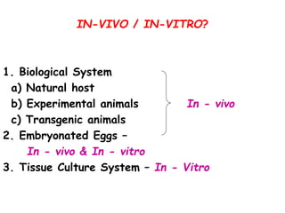 IN-VIVO / IN-VITRO?
1. Biological System
a) Natural host
b) Experimental animals In - vivo
c) Transgenic animals
2. Embryonated Eggs –
In - vivo & In - vitro
3. Tissue Culture System – In - Vitro
 