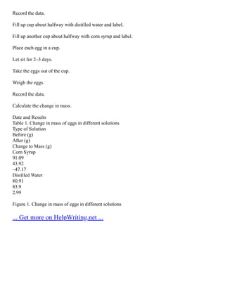Record the data.
Fill up cup about halfway with distilled water and label.
Fill up another cup about halfway with corn syrup and label.
Place each egg in a cup.
Let sit for 2–3 days.
Take the eggs out of the cup.
Weigh the eggs.
Record the data.
Calculate the change in mass.
Date and Results
Table 1. Change in mass of eggs in different solutions
Type of Solution
Before (g)
After (g)
Change to Mass (g)
Corn Syrup
91.09
43.92
–47.17
Distilled Water
80.91
83.9
2.99
Figure 1. Change in mass of eggs in different solutions
... Get more on HelpWriting.net ...
 