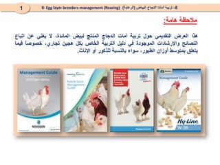 ‫هامة‬ ‫مالحظة‬
:
8
-
‫البياض‬ ‫الدجاج‬ ‫أمات‬ ‫تربية‬
(
‫الرعاية‬
)
8- Egg layer breeders management (Rearing)
1
‫هذا‬
‫العرض‬
‫التقديمي‬
‫حول‬
‫تربية‬
‫أمات‬
‫الدجاج‬
‫المنتج‬
‫لبيض‬
،‫المائدة‬
‫ال‬
‫يغني‬
‫عن‬
‫اتباع‬
‫النصائح‬
‫واإلرشادات‬
‫الموجودة‬
‫في‬
‫دليل‬
‫التربية‬
‫الخاص‬
‫بكل‬
‫هجين‬
،‫تجاري‬
ً
‫ا‬‫خصوص‬
‫فيما‬
‫يتعلق‬
‫بمتوسط‬
‫أوزان‬
،‫الطيور‬
‫سواء‬
‫بالنسبة‬
‫للذكور‬
‫أو‬
‫اإلناث‬
.
 