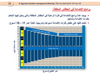 8
-
‫البياض‬ ‫الدجاج‬ ‫أمات‬ ‫تربية‬
(
‫الرعاية‬
)
8- Egg layer breeders management (Rearing)
31
‫المغلقة‬ ‫الحظائر‬ ‫في‬ ‫اإلضاءة‬ ‫برامج‬
:

‫يوجد‬
‫عدة‬
‫برامج‬
‫لإلضاءة‬
‫في‬
‫فترة‬
‫الرعاية‬
‫في‬
‫الحظائر‬
‫المغلقة‬
‫والتي‬
‫يمكن‬
‫فيها‬
‫التحكم‬
‫بفترات‬
‫اإلضاءة‬
‫وشدتها‬
.

‫تعتمد‬
‫كلها‬
‫على‬
‫خفض‬
‫فترات‬
‫اإلضاءة‬
ً
‫ا‬‫أسبوعي‬
،ً
‫ا‬‫وتدريجي‬
‫لغاية‬
‫عمر‬
17
–
18
‫أسبوع‬
.
‫اإلضاءة‬ ‫ساعات‬ ‫عدد‬
‫اليوم‬
‫ساعات‬
‫عدد‬
‫القطيع‬ ‫عمر‬
(
‫أسبوع‬
)
‫اإلضاءة‬ ‫ساعات‬ ‫عدد‬ ‫تثبيت‬
 
