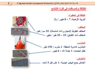 9
-
‫البياض‬ ‫الدجاج‬ ‫أمات‬ ‫تربية‬
(
‫اإلنتاج‬
)
9- Egg layer breeders management (Production)
3
‫اإلنتاج‬ ‫فترة‬ ‫في‬ ‫والمسافات‬ ‫الكثافة‬
:
:
–
:
–
/
–
 