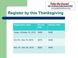 Register by this Thanksgiving

   Registration dates        Alumni   Student fees
                             fees

   Today –October 15, 2010   $400     $400


   Oct 16 – Nov 14, 2010     $475     $425


   Nov 15 – Nov 26, 2010     $550     $450
 