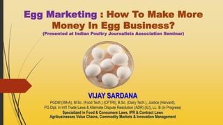 Egg Marketing : How To Make More
Money In Egg Business?
(Presented at Indian Poultry Journalists Association Seminar)
VIJAY SARDANA
PGDM (IIM-A), M.Sc. (Food Tech.) (CFTRI), B.Sc. (Dairy Tech.), Justice (Harvard),
PG Dipl. in Int'l Trade Laws & Alternate Dispute Resolution (ADR) (ILI), LL. B (in Progress)
Specialized in Food & Consumers Laws, IPR & Contract Laws
Agribusinesses Value Chains, Commodity Markets & Innovation Management
 