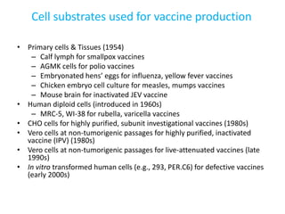 Cell substrates used for vaccine production
• Primary cells & Tissues (1954)
– Calf lymph for smallpox vaccines
– AGMK cells for polio vaccines
– Embryonated hens’ eggs for influenza, yellow fever vaccines
– Chicken embryo cell culture for measles, mumps vaccines
– Mouse brain for inactivated JEV vaccine
• Human diploid cells (introduced in 1960s)
– MRC-5, WI-38 for rubella, varicella vaccines
• CHO cells for highly purified, subunit investigational vaccines (1980s)
• Vero cells at non-tumorigenic passages for highly purified, inactivated
vaccine (IPV) (1980s)
• Vero cells at non-tumorigenic passages for live-attenuated vaccines (late
1990s)
• In vitro transformed human cells (e.g., 293, PER.C6) for defective vaccines
(early 2000s)
 