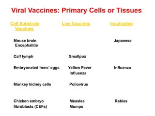 Viral Vaccines: Primary Cells or Tissues
Cell Substrate Live Vaccines Inactivated
Vaccines
Mouse brain Japanese
Encephalitis
Calf lymph Smallpox
Embryonated hens’ eggs Yellow Fever Influenza
Influenza
Monkey kidney cells Poliovirus
Chicken embryo Measles Rabies
fibroblasts (CEFs) Mumps
 