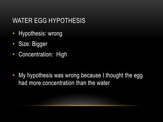 WATER EGG HYPOTHESIS
• Hypothesis: wrong
• Size: Bigger
• Concentration: High
• My hypothesis was wrong because I thought the egg
had more concentration than the water
 