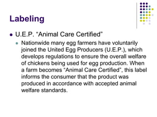 Labeling
 U.E.P. “Animal Care Certified”
 Nationwide many egg farmers have voluntarily
joined the United Egg Producers (U.E.P.), which
develops regulations to ensure the overall welfare
of chickens being used for egg production. When
a farm becomes “Animal Care Certified”, this label
informs the consumer that the product was
produced in accordance with accepted animal
welfare standards.
 