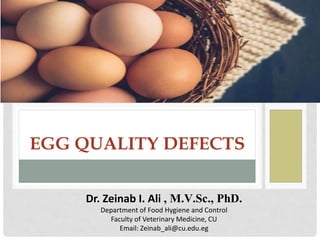 Dr. Zeinab I. Ali , M.V.Sc., PhD.
Department of Food Hygiene and Control
Faculty of Veterinary Medicine, CU
Email: Zeinab_ali@cu.edu.eg
EGG QUALITY DEFECTS
 