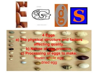 4 Eggs  a) The physical structure and factors affecting quality. b) Nature of egg proteins. c) Processing of eggs to make: frozen whole egg dried egg 