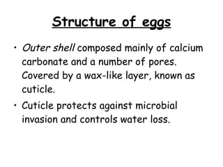 Structure of eggs Outer shell  composed mainly of calcium carbonate and a number of pores. Covered by a wax-like layer, known as cuticle.  Cuticle protects against microbial invasion and controls water loss.  