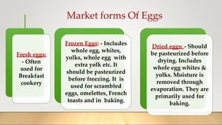 Market forms Of Eggs
Fresh eggs:
- Often
used for
Breakfast
cookery
Frozen Eggs: - Includes
whole egg, whites,
yolks, whole egg with
extra yolk etc. It
should be pasteurized
before freezing. It is
used for scrambled
eggs, omelettes, French
toasts and in baking.
Dried eggs: - Should
be pasteurized before
drying. Includes
whole egg whites &
yolks. Moisture is
removed through
evaporation. They are
primarily used for
baking.
 