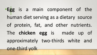 •Egg is a main component of the
human diet serving as a dietary source
of protein, fat, and other nutrients.
The chicken egg is made up of
approximately two-thirds white and
one-third yolk
 