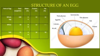 STRUCTURE OF AN EGG
Parts of Egg Total
weight(%)
Water
(%)
Protein
(%)
Fat
(%)
Whole
egg
100 6
5
13 11
White 58 8
8
13 ----
Yolk 31 4
8
18 33
 
