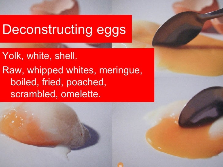 Deconstructing eggs <ul><li>Yolk, white, shell. </li></ul><ul><li>Raw, whipped whites, meringue, boiled, fried, poached, s...
