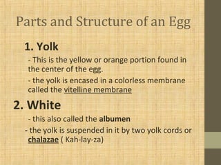 Parts and Structure of an Egg
1. Yolk
- This is the yellow or orange portion found in
the center of the egg.
- the yolk is encased in a colorless membrane
called the vitelline membrane
2. White
- this also called the albumen
- the yolk is suspended in it by two yolk cords or
chalazae ( Kah-lay-za)
 