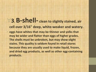∀3. B-shell-clean to slightly stained, air
cell over 3/16" deep, white-weaker and watery.
• eggs have whites that may be thinner and yolks that
may be wider and flatter than eggs of higher grades.
The shells must be unbroken, but may show slight
stains. This quality is seldom found in retail stores
because they are usually used to make liquid, frozen,
and dried egg products, as well as other egg-containing
products.
 