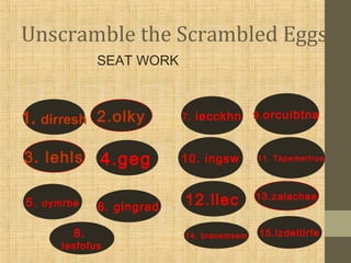 Unscramble the Scrambled Eggs
1. dirresh
3. lehls 4.geg
5. oymrbe 6. gingrad
7. iecckhn 9.orcuibtna
10. ingsw 11. Tapemertrue
12.llec 13.zalachae
2.olky
14. branemsem 15.izdeltirfe
SEAT WORK
8.
lesfofus
 