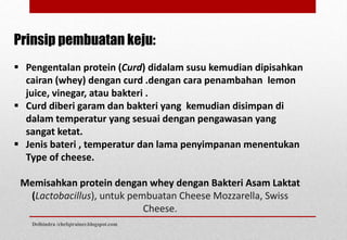 Prinsip pembuatan keju:
 Pengentalan protein (Curd) didalam susu kemudian dipisahkan
cairan (whey) dengan curd .dengan cara penambahan lemon
juice, vinegar, atau bakteri .
 Curd diberi garam dan bakteri yang kemudian disimpan di
dalam temperatur yang sesuai dengan pengawasan yang
sangat ketat.
 Jenis bateri , temperatur dan lama penyimpanan menentukan
Type of cheese.
Memisahkan protein dengan whey dengan Bakteri Asam Laktat
(Lactobacillus), untuk pembuatan Cheese Mozzarella, Swiss
Cheese.
Delhindra /chefqtrainer.blogspot.com
 