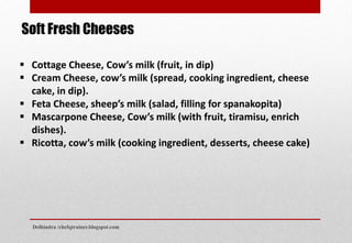  Cottage Cheese, Cow’s milk (fruit, in dip)
 Cream Cheese, cow’s milk (spread, cooking ingredient, cheese
cake, in dip).
 Feta Cheese, sheep’s milk (salad, filling for spanakopita)
 Mascarpone Cheese, Cow’s milk (with fruit, tiramisu, enrich
dishes).
 Ricotta, cow’s milk (cooking ingredient, desserts, cheese cake)
Soft Fresh Cheeses
Delhindra /chefqtrainer.blogspot.com
 