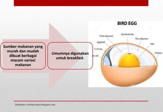 Sumber makanan yang
murah dan mudah
dibuat berbagai
macam variasi
makanan
Umumnya digunakan
untuk breakfast.
Delhindra /chefqtrainer.blogspot.com
 