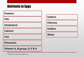 Proteins
Fats
Cholesterol
Calcium
Iron
Potassium
Vitamin A, B-group, D, E & K
Sodium
Chlorine
Sulphur
Water
Nutrients in Eggs
Delhindra /chefqtrainer.blogspot.com
 