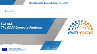 www.egi.eu
@EGI_eInfra
The work of the EGI Foundation
is partly funded by the European Commission
under H2020 Framework Programme
EGI: Advanced Computing for Research
EGI-ACE
The EOSC Compute Platform
 