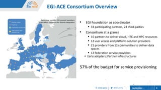 @EGI_eInfra
www.egi.eu 04/02/2021 8
EGI-ACE Consortium Overview
• EGI Foundation as coordinator
▪ 33 participating partner...