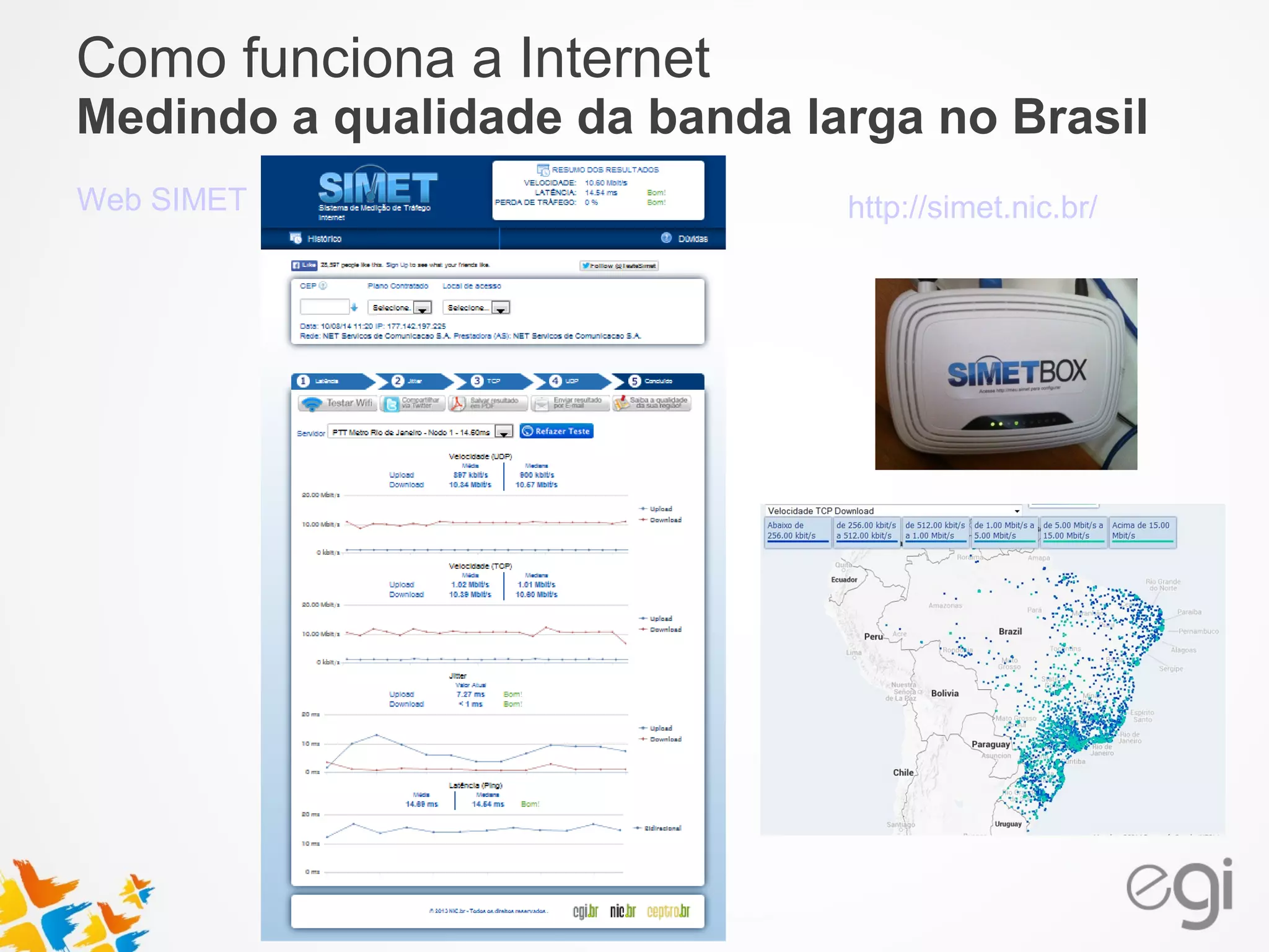 Como funciona a Internet 
Medindo a qualidade da banda larga no Brasil 
Web SIMET http://simet.nic.br/ 
 