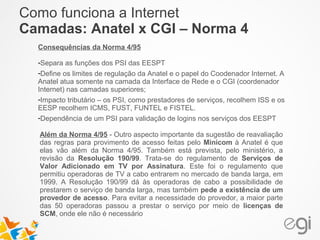 Como funciona a Internet 
Camadas: Anatel x CGI – Norma 4 
Consequências da Norma 4/95 
-Separa as funções dos PSI das EESPT 
-Define os limites de regulação da Anatel e o papel do Coodenador Internet. A 
Anatel atua somente na camada da Interface de Rede e o CGI (coordenador 
Internet) nas camadas superiores; 
-Impacto tributário – os PSI, como prestadores de serviços, recolhem ISS e os 
EESP recolhem ICMS, FUST, FUNTEL e FISTEL. 
-Dependência de um PSI para validação de logins nos serviços dos EESPT 
Além da Norma 4/95 - Outro aspecto importante da sugestão de reavaliação 
das regras para provimento de acesso feitas pelo Minicom à Anatel é que 
elas vão além da Norma 4/95. Também está prevista, pelo ministério, a 
revisão da Resolução 190/99. Trata-se do regulamento de Serviços de 
Valor Adicionado em TV por Assinatura. Este foi o regulamento que 
permitiu operadoras de TV a cabo entrarem no mercado de banda larga, em 
1999. A Resolução 190/99 dá às operadoras de cabo a possibilidade de 
prestarem o serviço de banda larga, mas também pede a existência de um 
provedor de acesso. Para evitar a necessidade do provedor, a maior parte 
das 50 operadoras passou a prestar o serviço por meio de licenças de 
SCM, onde ele não é necessário 
 
