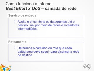 Como funciona a Internet 
Best Effort x QoS – camada de rede 
Serviço de entrega 
 Aceita e encaminha os datagramas até o 
destino final por meio de redes e roteadores 
intermediários. 
Roteamento 
 Determina o caminho ou rota que cada 
datagrama deve seguir para alcançar a rede 
de destino. 
 