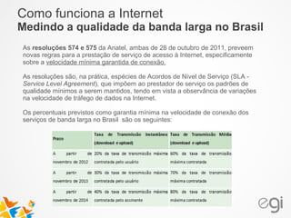 Como funciona a Internet 
Medindo a qualidade da banda larga no Brasil 
As resoluções 574 e 575 da Anatel, ambas de 28 de outubro de 2011, preveem 
novas regras para a prestação de serviço de acesso à Internet, especificamente 
sobre a velocidade mínima garantida de conexão. 
As resoluções são, na prática, espécies de Acordos de Nível de Serviço (SLA - 
Service Level Agreement), que impõem ao prestador de serviço os padrões de 
qualidade mínimos a serem mantidos, tendo em vista a observância de variações 
na velocidade de tráfego de dados na Internet. 
Os percentuais previstos como garantia mínima na velocidade de conexão dos 
serviços de banda larga no Brasil são os seguintes: 
 