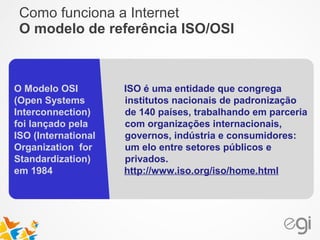 Como funciona a Internet 
O modelo de referência ISO/OSI 
O Modelo OSI 
(Open Systems 
Interconnection) 
foi lançado pela 
ISO (International 
Organization for 
Standardization) 
em 1984 
ISO é uma entidade que congrega 
institutos nacionais de padronização 
de 140 países, trabalhando em parceria 
com organizações internacionais, 
governos, indústria e consumidores: 
um elo entre setores públicos e 
privados. 
http://www.iso.org/iso/home.html 
 