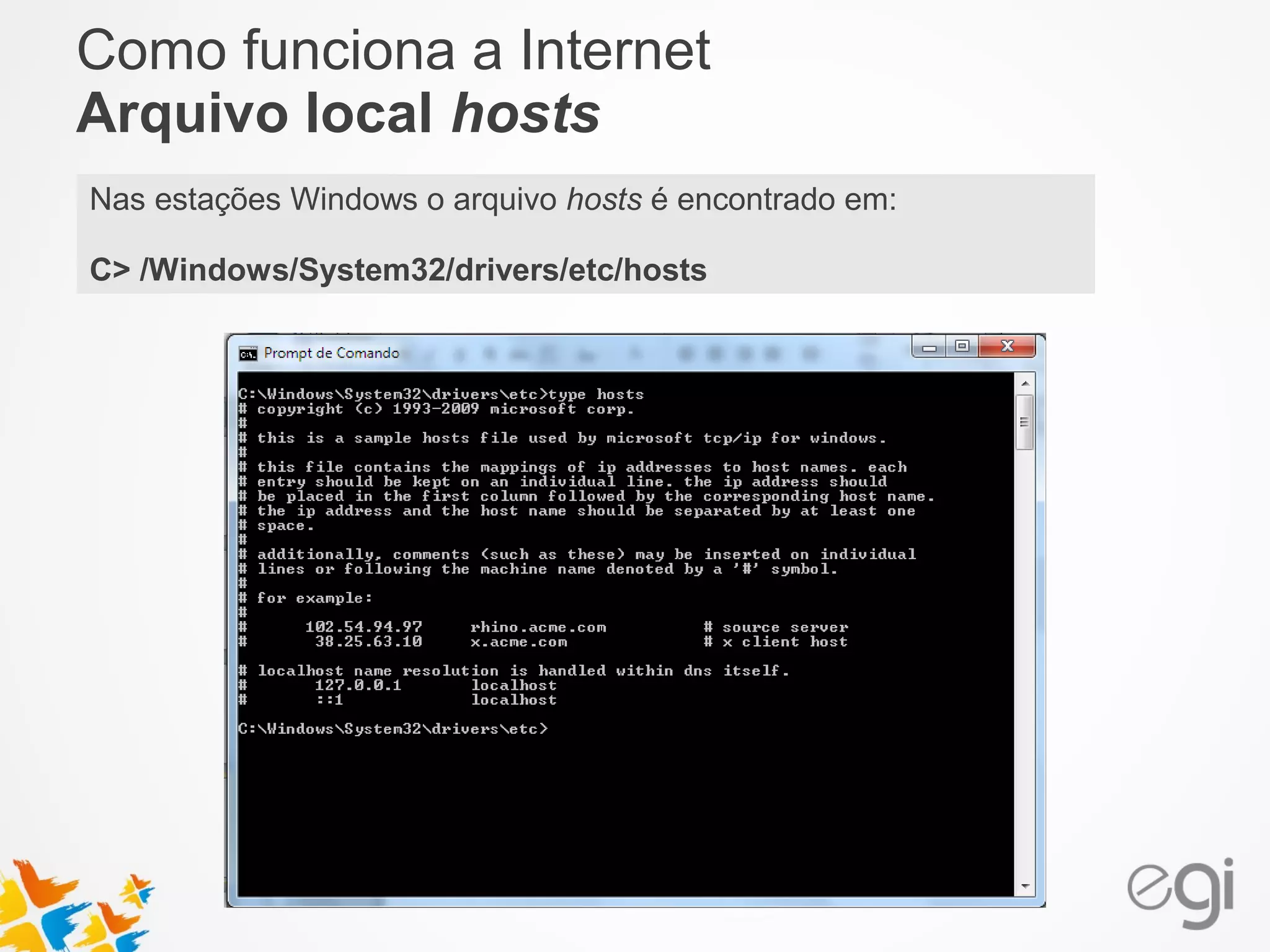 Como funciona a Internet 
Arquivo local hosts 
Nas estações Windows o arquivo hosts é encontrado em: 
C> /Windows/System32/drivers/etc/hosts 
 