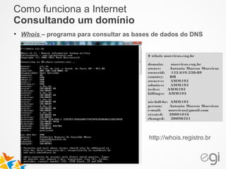 Como funciona a Internet 
Consultando um domínio 
• Whois – programa para consultar as bases de dados do DNS 
$ whois moreiras.eng.br 
domain: moreiras.eng.br 
owner: Antonio Marcos Moreiras 
ownerid: 152.619.338-89 
country: BR 
owner-c: AMM193 
admin-c: AMM193 
tech-c: AMM193 
billing-c: AMM193 
nic-hdl-br: AMM193 
person: Antonio Marcos Moreiras 
e-mail: moreiras@gmail.com 
created: 20001016 
changed: 20090521 
http://whois.registro.br 
 