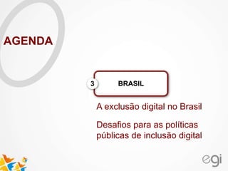 A exclusão digital no Brasil
Desafios para as políticas
públicas de inclusão digital
BRASIL3
AGENDA
 