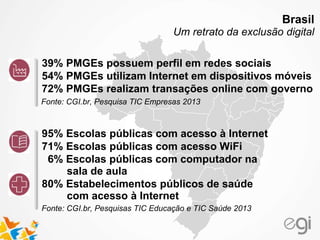 39% PMGEs possuem perfil em redes sociais
54% PMGEs utilizam Internet em dispositivos móveis
72% PMGEs realizam transações online com governo
Fonte: CGI.br, Pesquisa TIC Empresas 2013
95% Escolas públicas com acesso à Internet
71% Escolas públicas com acesso WiFi
6% Escolas públicas com computador na
sala de aula
80% Estabelecimentos públicos de saúde
com acesso à Internet
Fonte: CGI.br, Pesquisas TIC Educação e TIC Saúde 2013
Brasil
Um retrato da exclusão digital
 