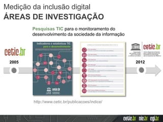 2005
Pesquisas TIC para o monitoramento do
desenvolvimento da sociedade da informação
http://www.cetic.br/publicacoes/indice/
2012
Medição da inclusão digital
ÁREAS DE INVESTIGAÇÃO
 