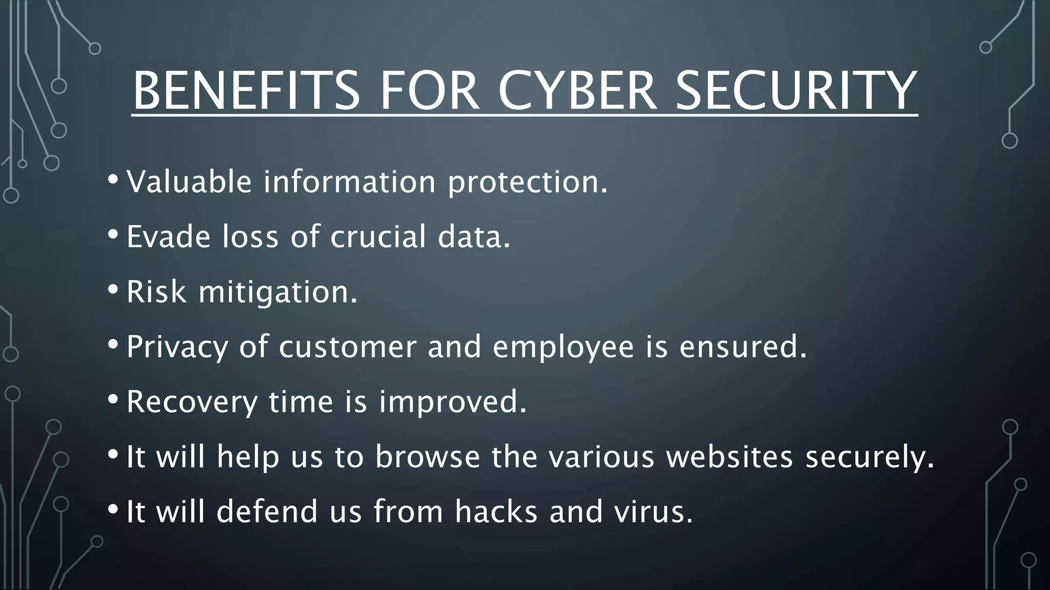 BENEFITS FOR CYBER SECURITY
• Valuable information protection.
• Evade loss of crucial data.
• Risk mitigation.
• Privacy of customer and employee is ensured.
• Recovery time is improved.
• It will help us to browse the various websites securely.
• It will defend us from hacks and virus.
 