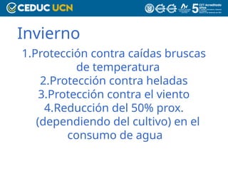 Invierno
1.Protección contra caídas bruscas
de temperatura
2.Protección contra heladas
3.Protección contra el viento
4.Reducción del 50% prox.
(dependiendo del cultivo) en el
consumo de agua
 