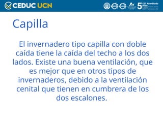 Capilla
El invernadero tipo capilla con doble
caída tiene la caída del techo a los dos
lados. Existe una buena ventilación, que
es mejor que en otros tipos de
invernaderos, debido a la ventilación
cenital que tienen en cumbrera de los
dos escalones.
 