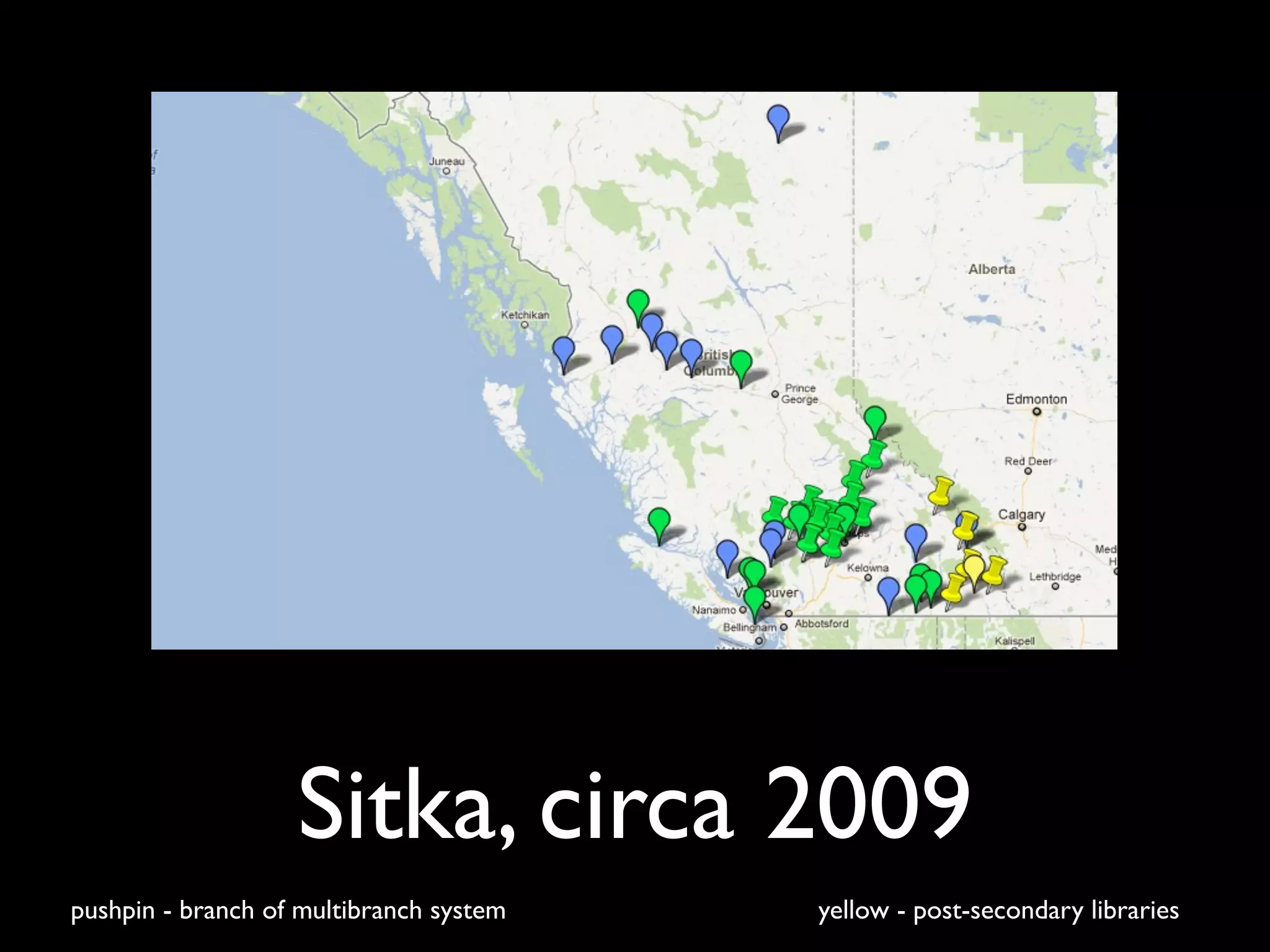 Sitka, circa 2009
pushpin - branch of multibranch system   yellow - post-secondary libraries
 