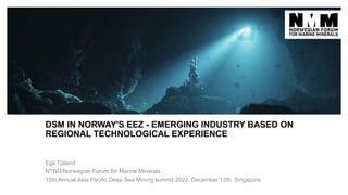 DSM IN NORWAY'S EEZ - EMERGING INDUSTRY BASED ON
REGIONAL TECHNOLOGICAL EXPERIENCE
Egil Tjåland
NTNU/Norwegian Forum for Marine Minerals
10th Annual Asia Pacific Deep Sea Mining summit 2022, December 12th, Singapore
 