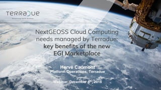NextGEOSS Cloud Computing
needs managed by Terradue:
key benefits of the new
EGI Marketplace
Webinar, December 6th
, 2018
Hervé Caumont
Platform Operations, Terradue
 